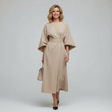 Wide Sleeve Round Neck Belted Midi Dress for Everyday Elegance