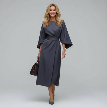 Wide Sleeve Round Neck Belted Midi Dress for Everyday Elegance