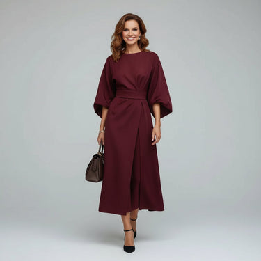 Wide Sleeve Round Neck Belted Midi Dress for Everyday Elegance