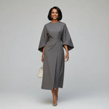 Wide Sleeve Round Neck Belted Midi Dress for Everyday Elegance