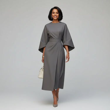Wide Sleeve Round Neck Belted Midi Dress for Everyday Elegance