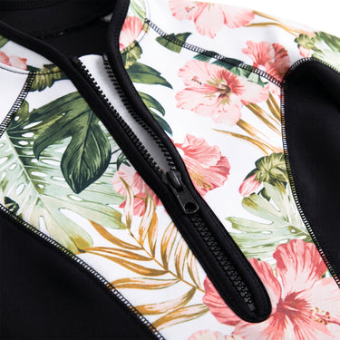 Long Sleeve Swimsuit Floral Print Front Zipper Closure - detail