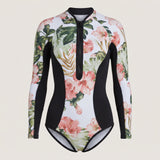 Long Sleeve Swimsuit Floral Print Front Zipper Closure - hero