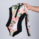 Long Sleeve Swimsuit Floral Print Front Zipper Closure - scale