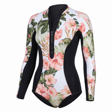 Long Sleeve Swimsuit Floral Print Front Zipper Closure - studio