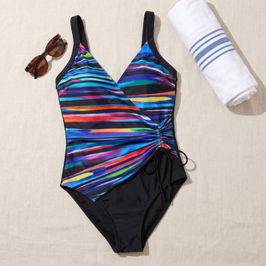 Women's One Piece Swimsuit V-Neck With Ruched Side And Tie - scale