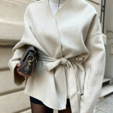 Women's Elegant Tie Waist Beige Tailored Coat
