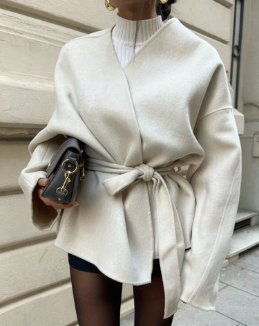 Women's Elegant Tie Waist Beige Tailored Coat