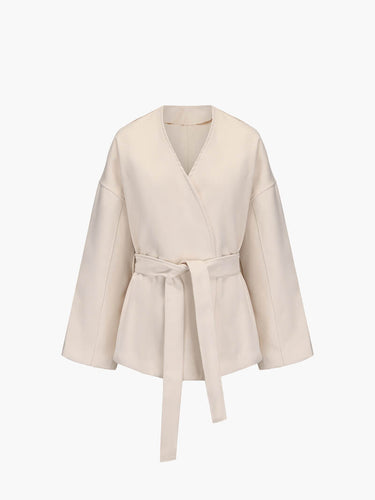 Women's Elegant Tie Waist Beige Tailored Coat