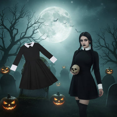 Women's Halloween Costume Gothic Schoolgirl Dress With White Collar And Long Sleeves Iconic Aesthetic - Image 1