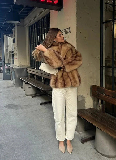 Women's Luxe Brown Faux Fur Oversized Coat