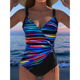 Women's One Piece Swimsuit V-Neck With Ruched Side And Tie - Image 1