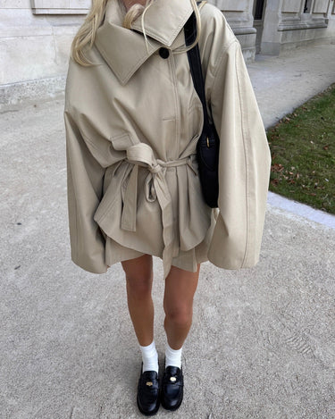 Women's Oversized Belted Short Beige Trench Coat