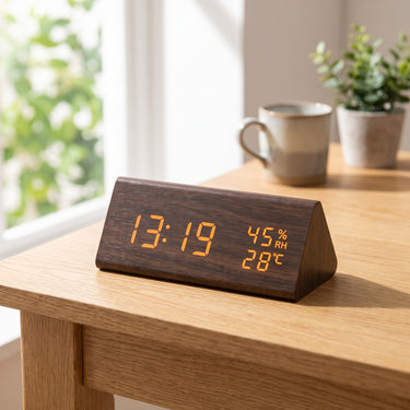 Wooden Digital Clock Triangular Design With Temperature And Humidity Display - Image 1