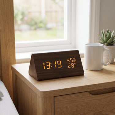 Wooden Digital Clock Triangular Design With Temperature And Humidity Display - Image 1