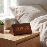 Wooden Digital Clock Triangular Design With Temperature And Humidity Display - Image 1