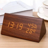 Wooden Digital Clock Triangular Design With Temperature And Humidity Display - Image 2