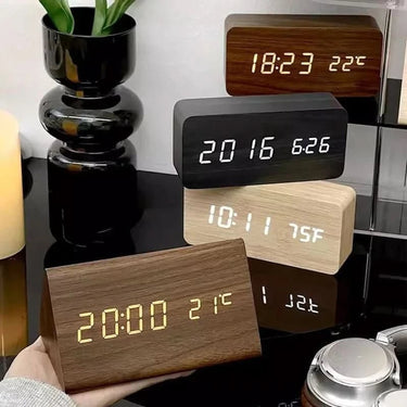 Wooden Digital Clock Triangular Design With Temperature And Humidity Display - Image 3