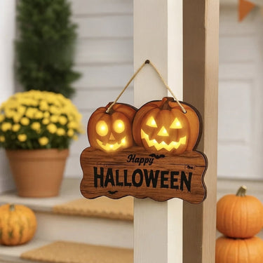 Wooden Halloween Sign Lighted Jack O Lantern Hanging Decoration With Integrated Glowing Elements - Image 2