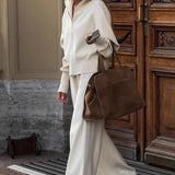 Zip-Up Knit Jacket and Wide-Leg Trousers Two-Piece Set