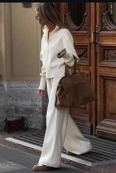 Zip-Up Knit Jacket and Wide-Leg Trousers Two-Piece Set