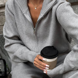Zip-Up Knit Jacket and Wide-Leg Trousers Two-Piece Set