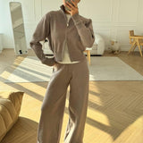 Zip-Up Knit Jacket and Wide-Leg Trousers Two-Piece Set